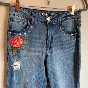 Almost Famous Medium Wash Floral High Waisted Jean